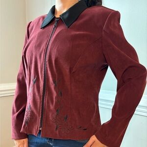 Vintage Faux Suede Wine Red Black Embroidered Floral Boho Grunge Jacket Small
